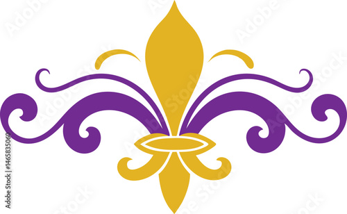 Elegant fleur de lis design with gold and purple colors against transparency