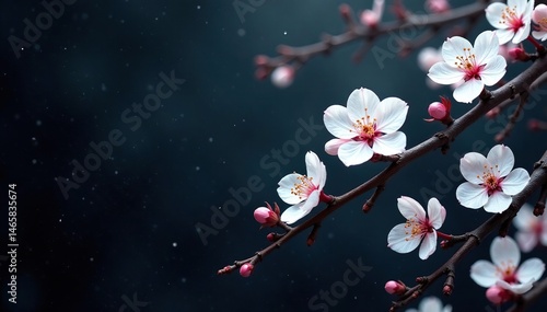 Intricate sakura branch pattern, white blossoms on dark background , blossom, print