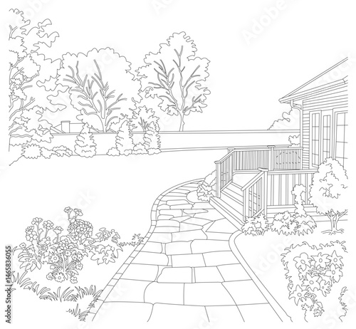 Mystical Suburban Backyard Line Drawing – Serene Lawn, Flowerbeds, Deck & Stone Path Illustration