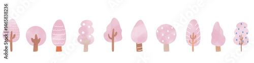 さまざまな水彩タッチの桜の木のイラストセット　かわいい　手描き