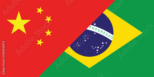 China vs Brazil National Flags Combined. Relationship and Economics between China and Brazil. China and Brazil Flags Merged.