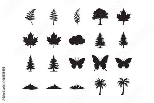 Nature Silhouette Icon Set – Trees, Leaves, Butterflies, Mountains, Clouds, Palm Trees Butterfly Silhouette, nature silhouette– Vector Illustration