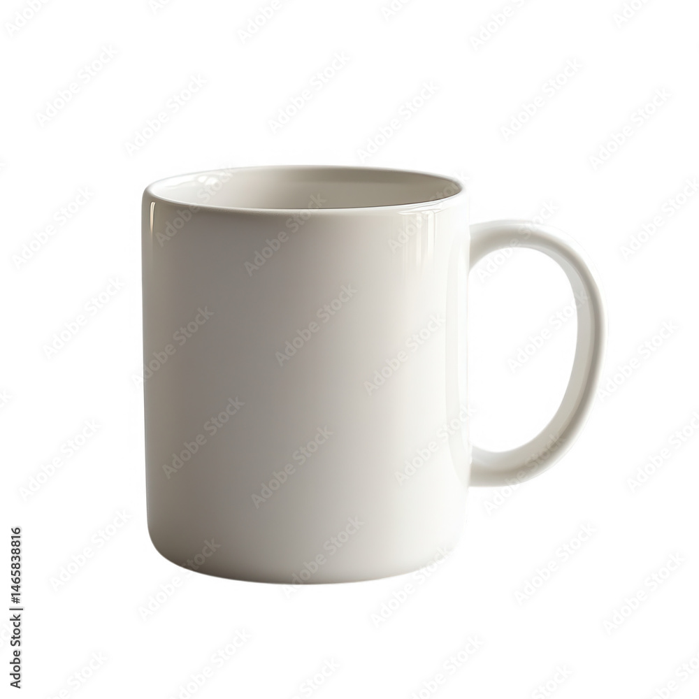 Simple white ceramic mug with handle isolated on transparent background Simple white ceramic mug with handle isolated on transparent background
