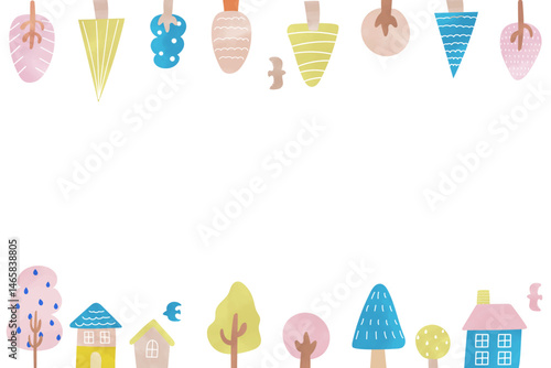 北欧風の木と家の横型背景　水彩　手描き　かわいい