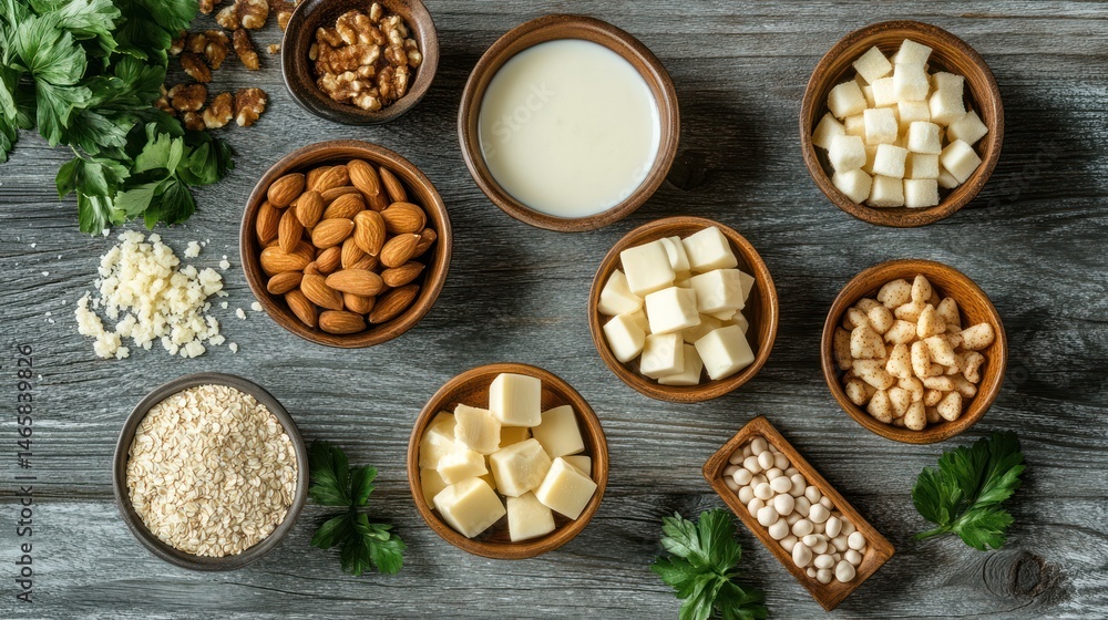 Nourishing plant-based dairy alternatives and ingredients arranged for a healthy lifestyle Nourishing plant-based dairy alternatives and ingredients arranged for a healthy lifestyle
