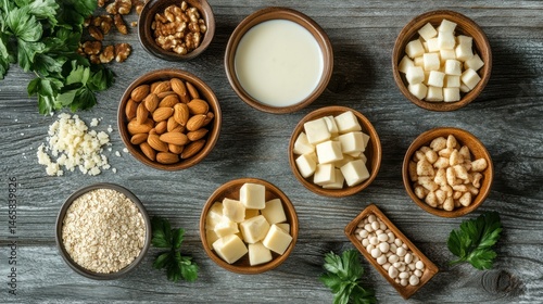 Nourishing plant-based dairy alternatives and ingredients arranged for a healthy lifestyle photo