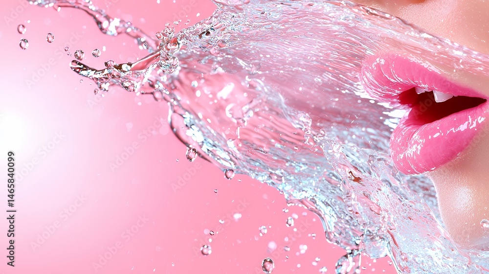 Fototapeta premium Water Splashing on Pink Lips with Refreshing Effect and Soft Pink Background