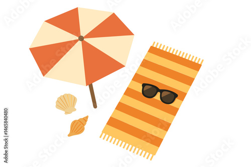 Beach Essentials with Umbrella, Towel, and Sunglasses  