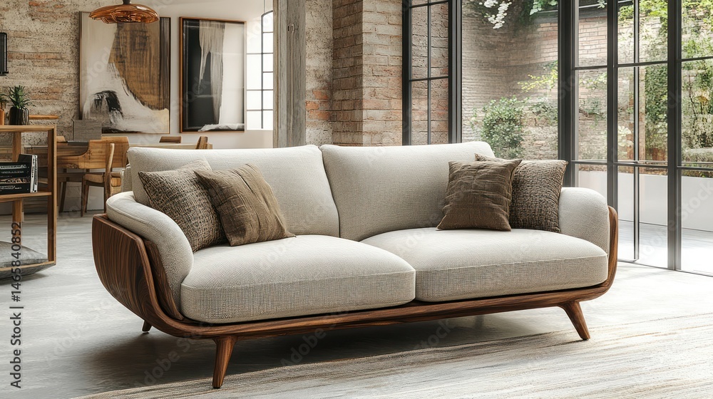 Fototapeta premium Modern sectional sofa with wooden legs and neutral upholstery