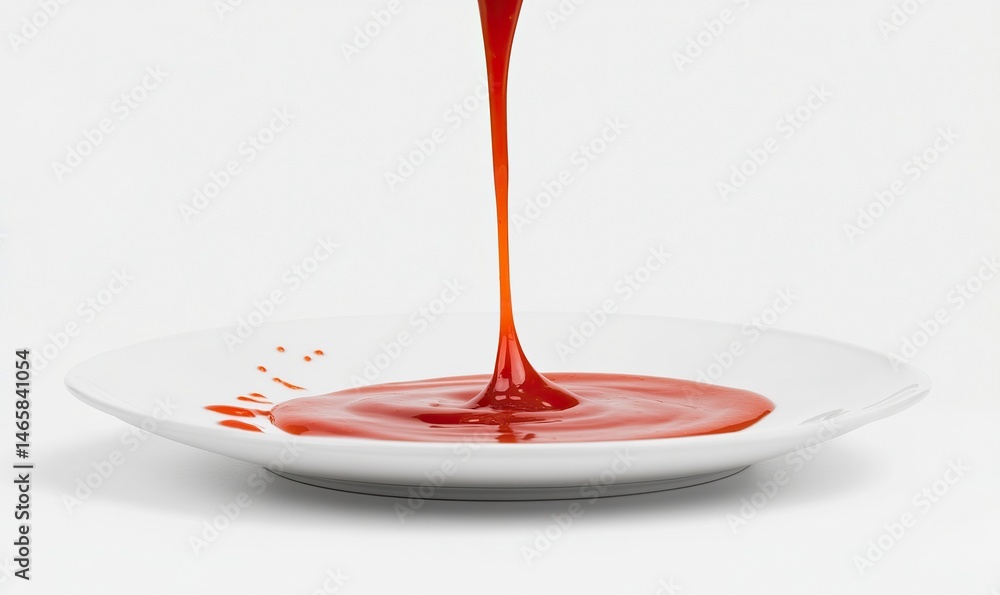 Ketchup dripping from everybody's plate, like to see food in the bowl, isolated on a white background with a clipping path. This is a real photo of ketchup sauce pouring into a ceramic plate against a Ketchup dripping from everybody's plate, like to see food in the bowl, isolated on a white background with a clipping path. This is a real photo of ketchup sauce pouring into a ceramic plate against a