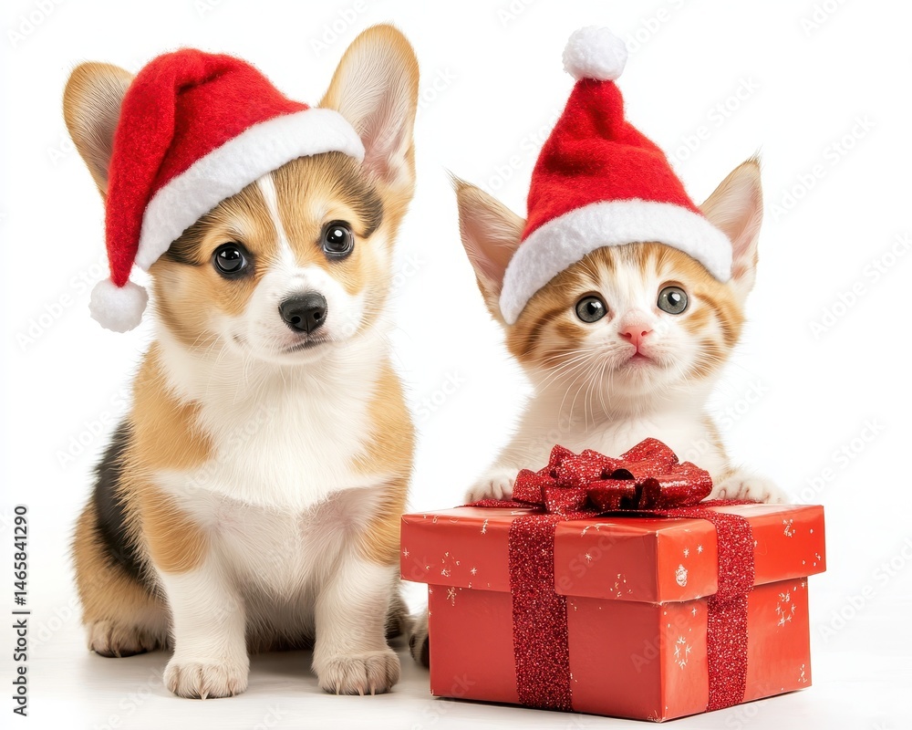Festive Corgi Puppy and Playful Kitten in Holiday Hats with Gift Box on Snowy White Background Festive Corgi Puppy and Playful Kitten in Holiday Hats with Gift Box on Snowy White Background