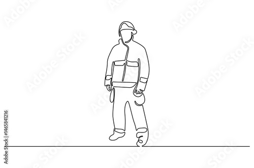 Continuous one line drawing of firefighter protective uniform. Single line drawing illustration of Fireman standing. International firefighter day concept vector art. Doodle line illustration.