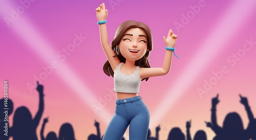 3d cute cartoon illustration, illustration of a beautiful young woman joyfully dancing at a music festival, positioned at the bottom of the image with ample copy space at the top for photos