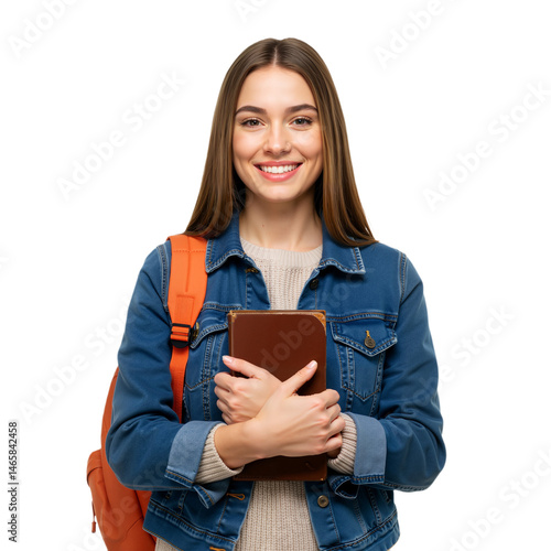 Smiling young student girl with a book isolated on a transparent background PNG.
