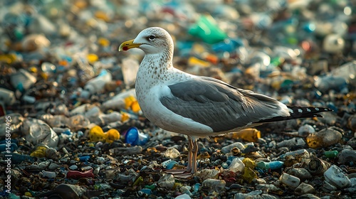 Wallpaper Mural A solitary seagull amid an expanse of discarded plastic waste Torontodigital.ca