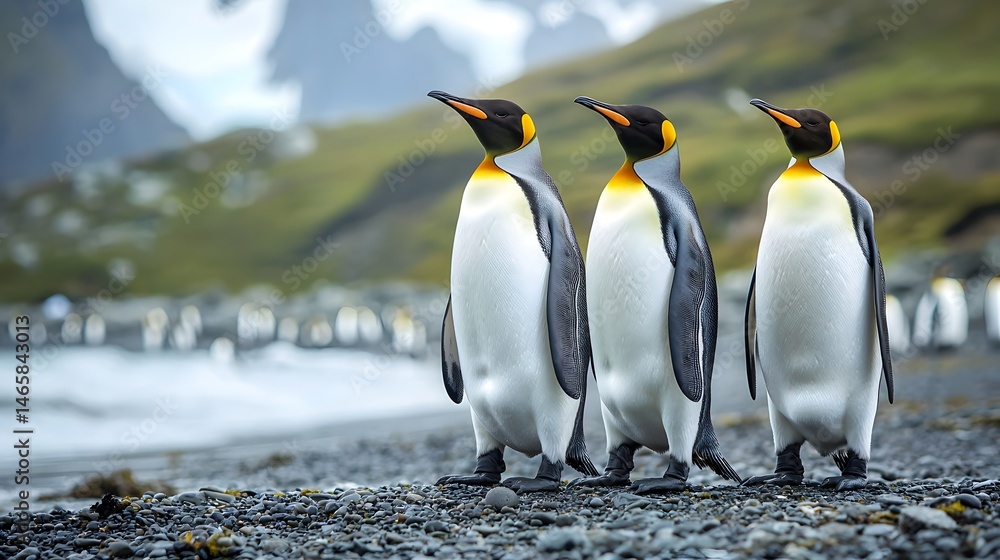 Fototapeta premium A trio of king penguins standing on a coastal landscape