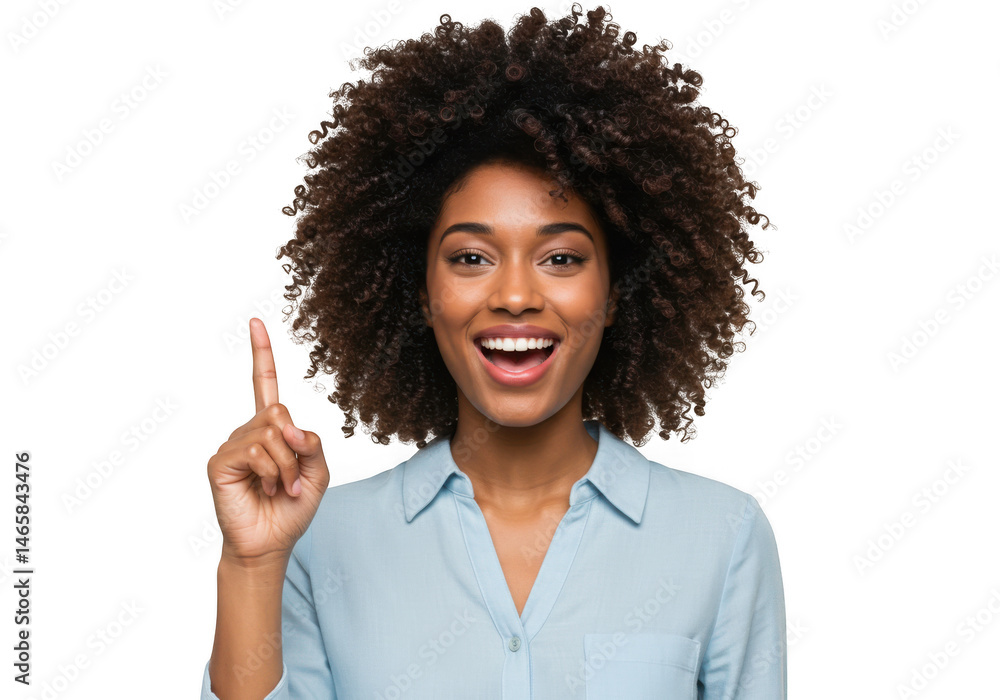 Woman with curly hair pointing upward with a cheerful expression isolated on transparent background Woman with curly hair pointing upward with a cheerful expression isolated on transparent background