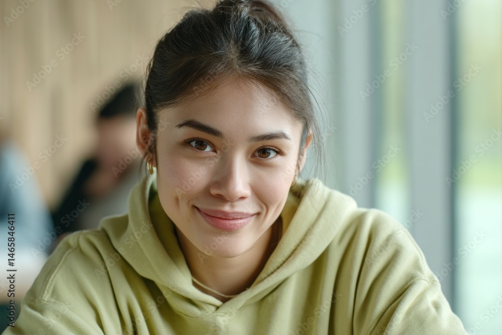 Asian young adult female smiling in cozy cafe setting Asian young adult female smiling in cozy cafe setting