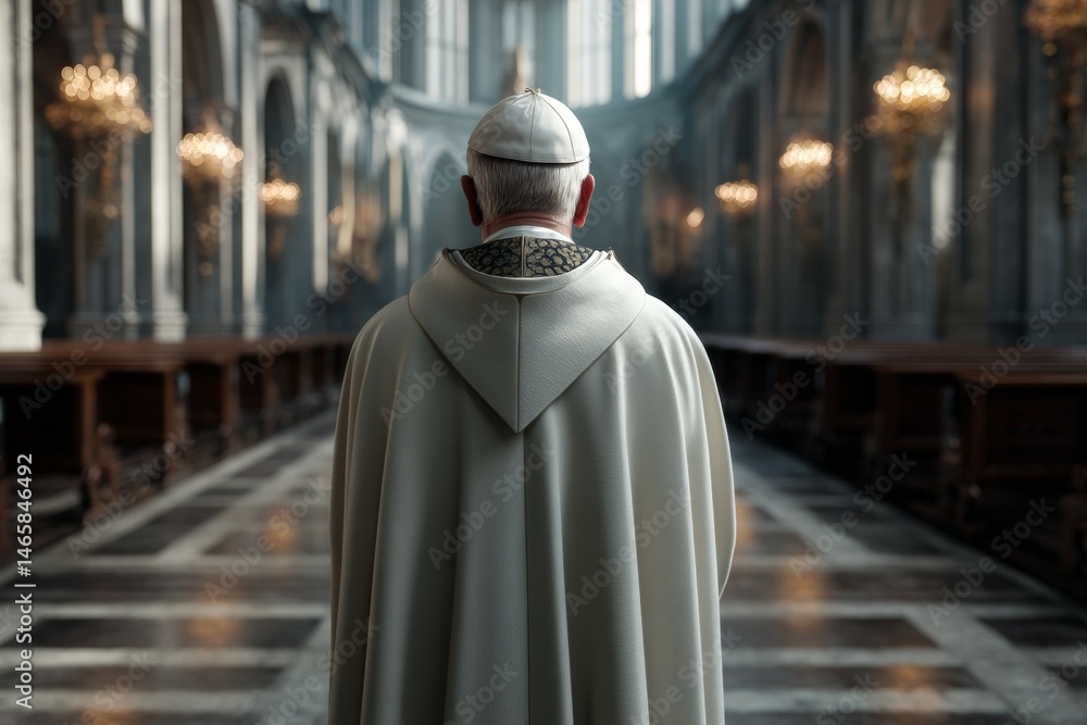 Naklejka premium Elderly caucasian male in cathedral with ornate architecture and chandelier lighting