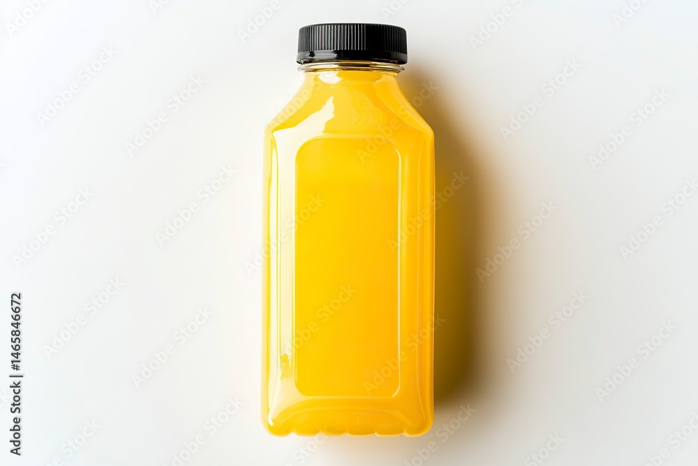 Orange juice in a square plastic bottle with a black cap, on a white background, top view. Orange juice in a square plastic bottle with a black cap, on a white background, top view.