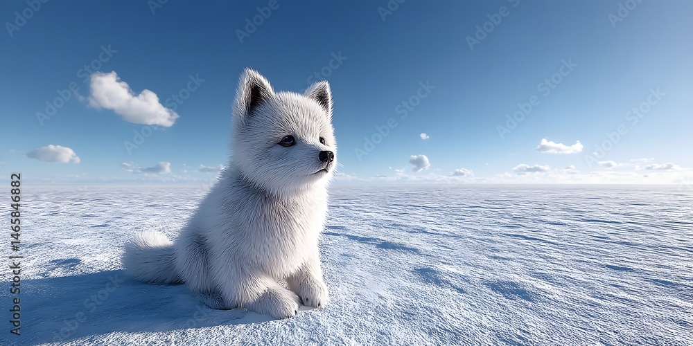 Naklejka premium A cute, fluffy white fox sitting gracefully on a snowy landscape. Bright blue sky enhances the serene atmosphere, capturing the essence of winter and wild beauty in nature.