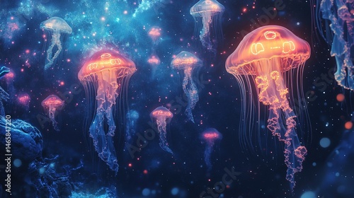 Glowing jellyfish in a deep, starry ocean