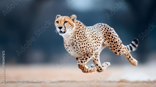 A majestic cheetah races across the plain, showcasing its incredible speed and agility. This stunning image captures the beauty and grace of one of nature's fastest creatures.