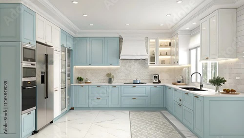 Wallpaper Mural A modern kitchen featuring blue cabinets and stainless appliances Torontodigital.ca