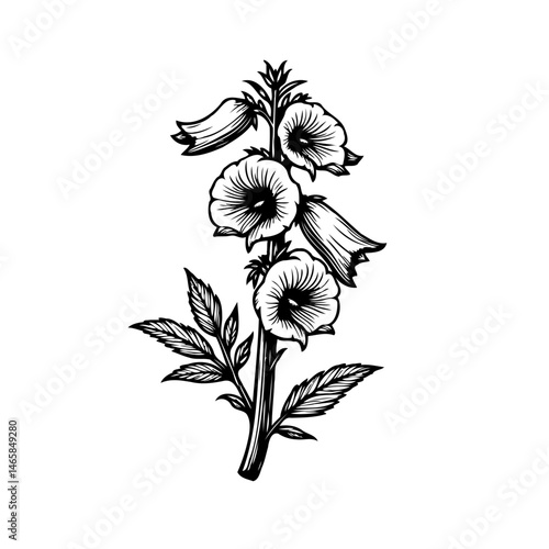 Detailed botanical illustration of a flowering foxglove plant in black and white