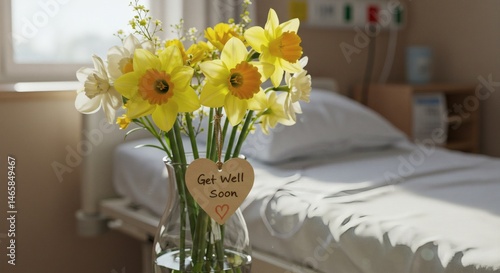 Flowers with Get Well Message in a Hospital Room Setting