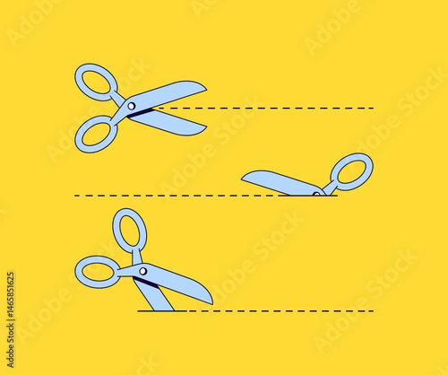 Scissors cutting along dashed lines on a bright yellow background in three different position cartoon hand drawn vector illustration for crafting, DIY, and precision cutting