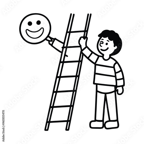Happiness and positive thinking, optimism or motivation to live happy life concept, happy boyclimb up ladder
