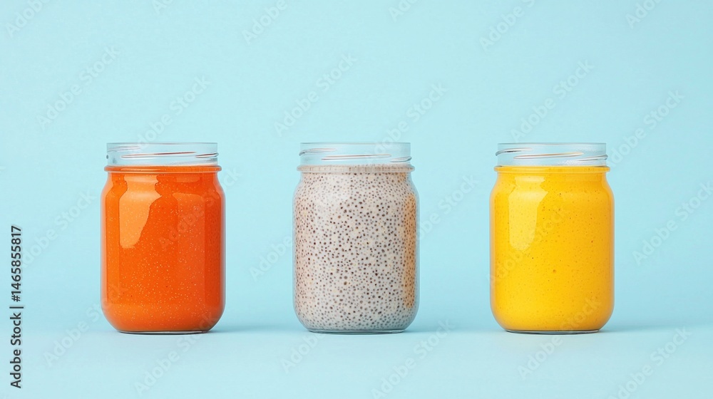 Three jars filled with colorful smoothies and chia pudding are lined up against a light blue background. Three jars filled with colorful smoothies and chia pudding are lined up against a light blue background.