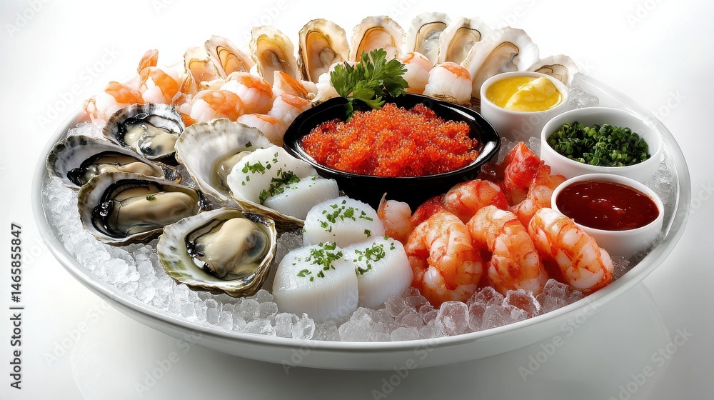 A beautifully arranged seafood platter featuring scallops in their shells, alongside shrimp, oysters, and mussels, with crushed ice and dipping sauces for a luxurious seafood feast. A beautifully arranged seafood platter featuring scallops in their shells, alongside shrimp, oysters, and mussels, with crushed ice and dipping sauces for a luxurious seafood feast.