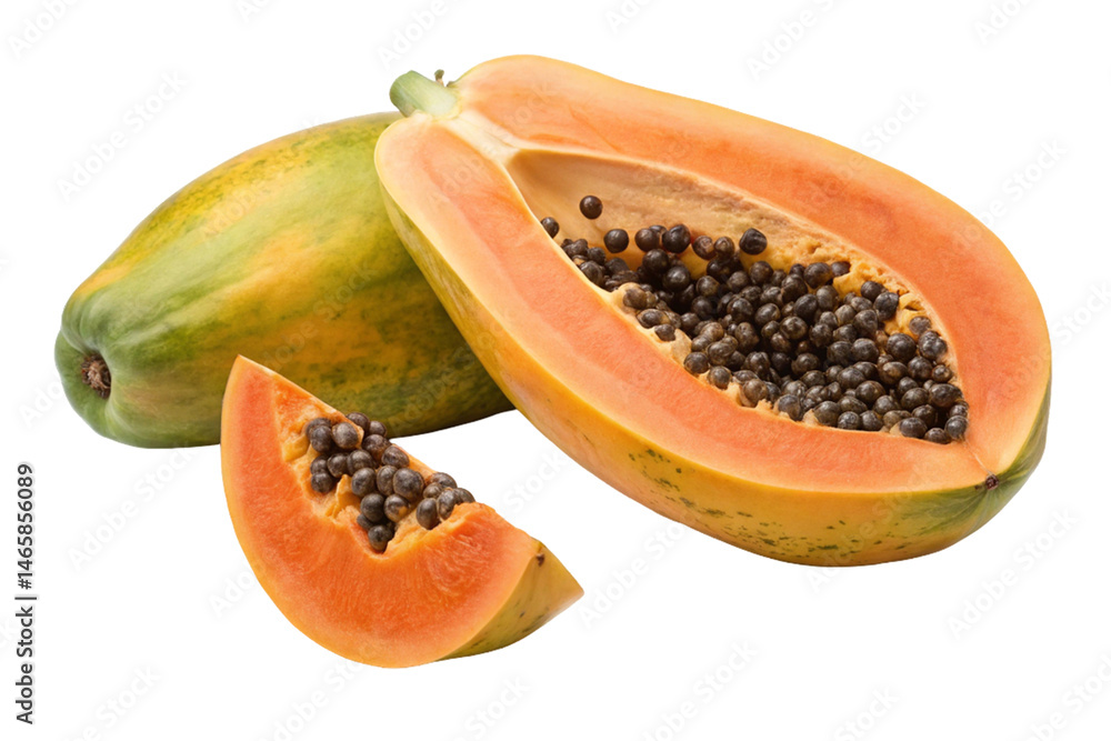 Fresh, juicy orange papaya fruit, both whole and cut to reveal its black seeds, isolated on a clean white background Fresh, juicy orange papaya fruit, both whole and cut to reveal its black seeds, isolated on a clean white background