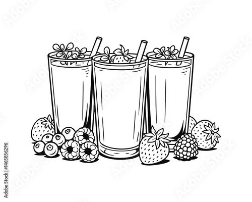 Hand-Drawn Smoothie Glasses with Berries and Straws in Black