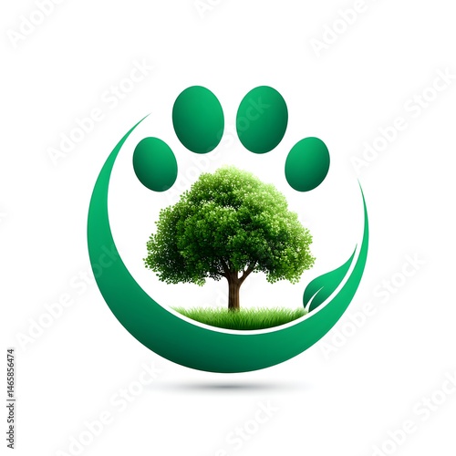 This eco-friendly logo features a vibrant green tree encircled by a paw print, symbolizing the connection between wildlife and nature conservation.