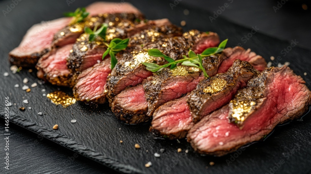 A beautifully plated dish of Wagyu beef, thinly sliced and arranged elegantly on a black slate, garnished with truffle shavings, gold flakes, and fresh herbs, highlighting its luxurious appeal A beautifully plated dish of Wagyu beef, thinly sliced and arranged elegantly on a black slate, garnished with truffle shavings, gold flakes, and fresh herbs, highlighting its luxurious appeal