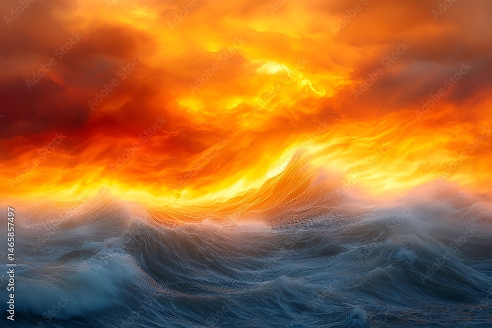 Obraz premium Fiery Sunset over Tempestuous Ocean: A Dramatic Seascape