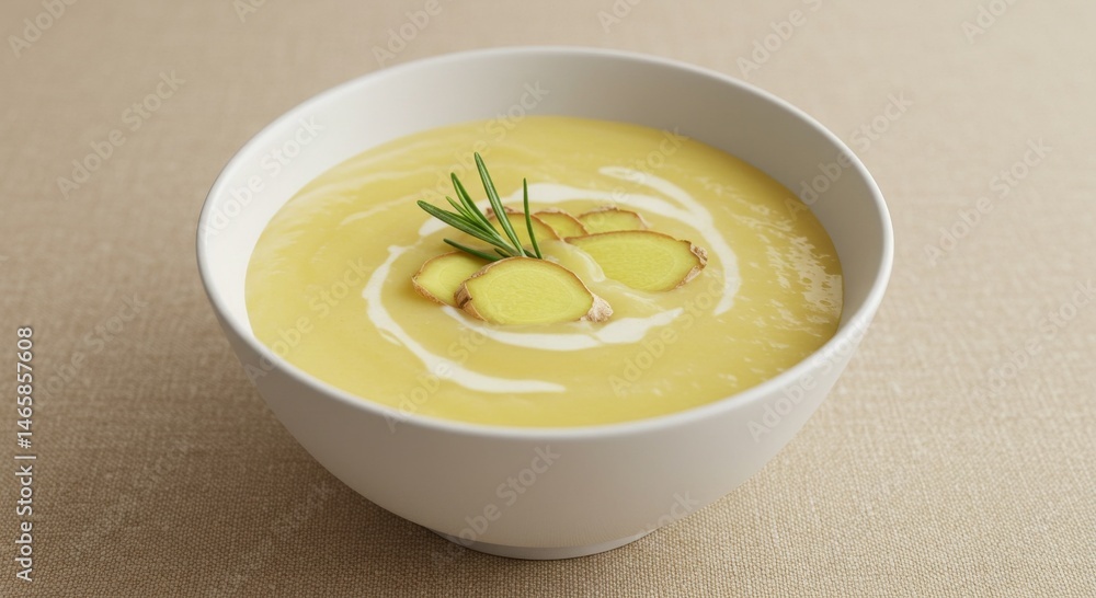 Creamy Pale Yellow Ginger Soup with Rosemary Garnish Creamy Pale Yellow Ginger Soup with Rosemary Garnish