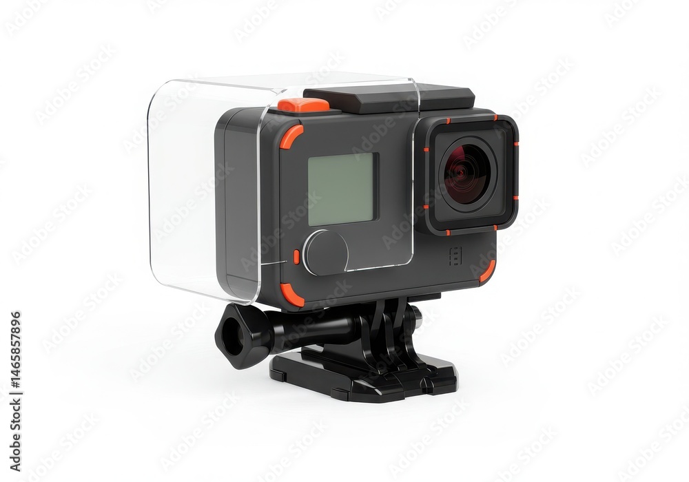Close up of a black action camera with a clear protective case Close up of a black action camera with a clear protective case