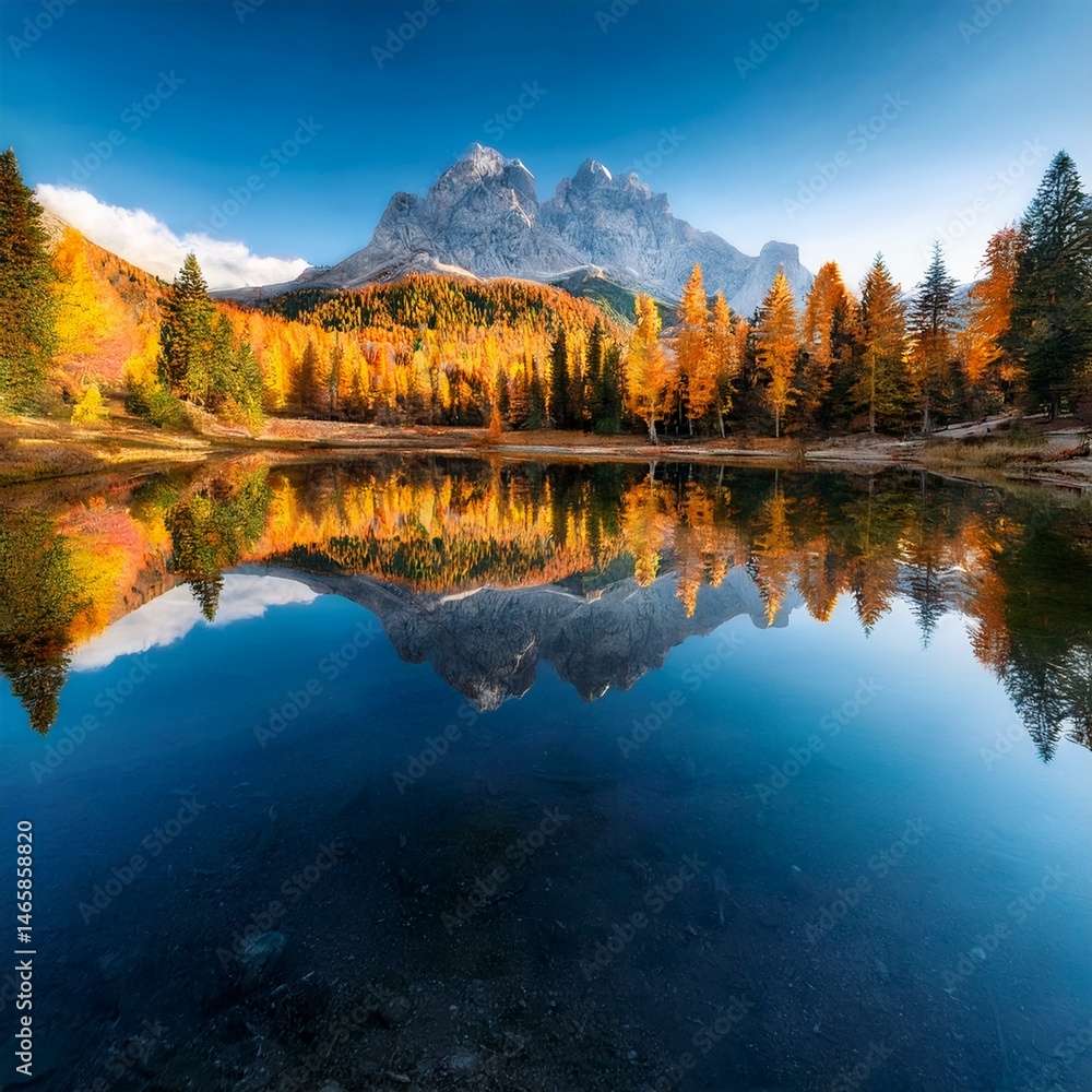Fototapeta premium mountain lake surrounded by autumn trees, mirror reflection