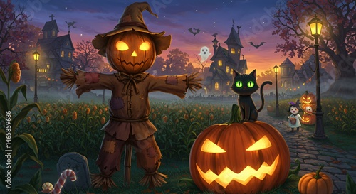 Halloween Scarecrow, Black Cat, and Jack-o'-Lanterns in a Spooky Village