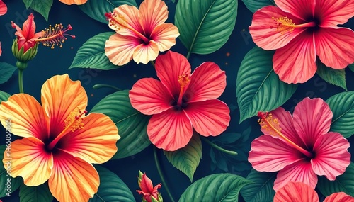 Wallpaper Mural Bold tropical hibiscus seamless design, vibrant colors, nature, leaf, background Torontodigital.ca