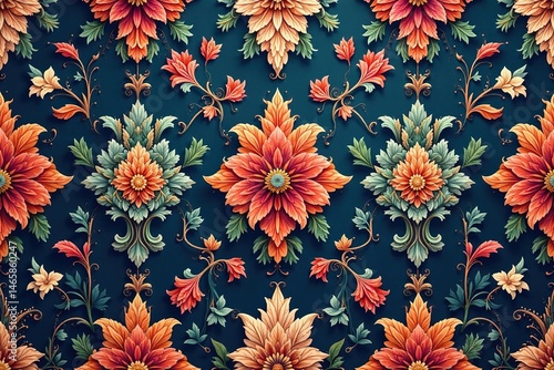 Intricate floral damask pattern, elegant swirls & leaves, scroll, white