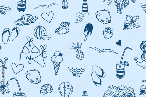 Blue indigo summer seamless pattern. Cute hand drawn palm tree, lighthouse, seashells, cocktail, ice cream, tropical flower, exotic wallpaper, textile, background. Tropical wrapping paper. Vector

