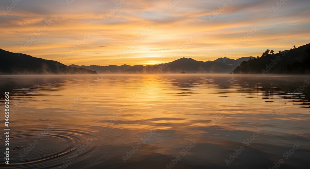 Fototapeta premium Golden Sunrise Reflections on Danau Toba’s Calm Waters in Sumatra Utara