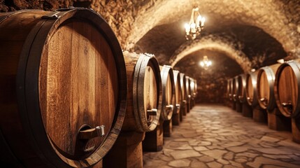 Papier peint photo  A wine cellar filled with aged wooden barrels and dim lighting, showcasing the traditional process of aging fine wine, with a focus on the rich textures of wood and stone.  © พงษ์ศักดิ์ อ่อนพฤกษ์