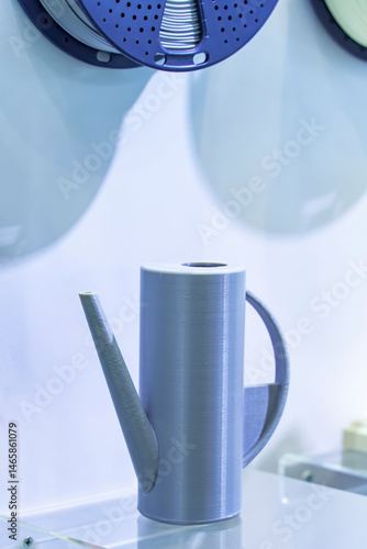 Watering pot closeup object printed 3d printer close-up. Progressive modern additive technology 4.0 industrial revolution