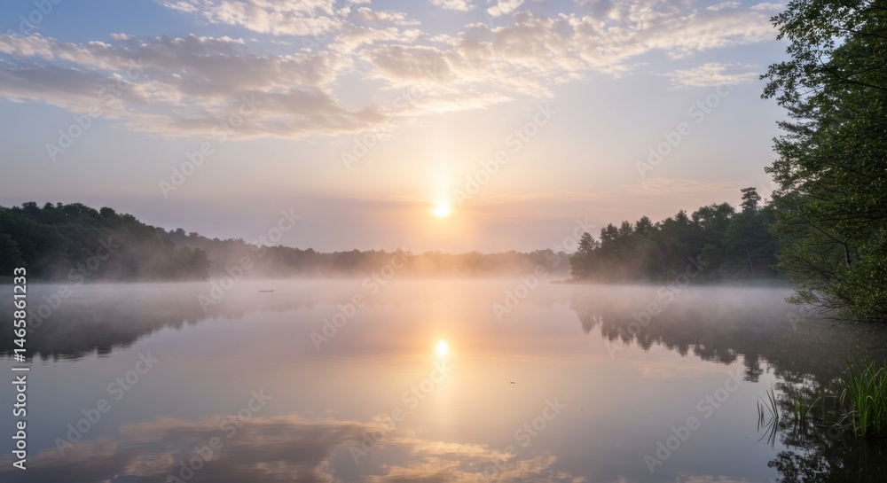 Obraz premium Peaceful Sunrise over Misty Lake with Golden Sunlight